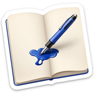 Create a vibrant emoji featuring a classic ink pen (fountain pen) as the main symbol of prose writing. The design should highlight the elegant curves of the pen, with ink flowing from the nib onto a blank page or scroll. Use deep ink blue, black, and subtle metallic accents to convey sophistication and creativity. The emoji should be simple yet striking, representing the art of storytelling. Make the background transparent. sticker