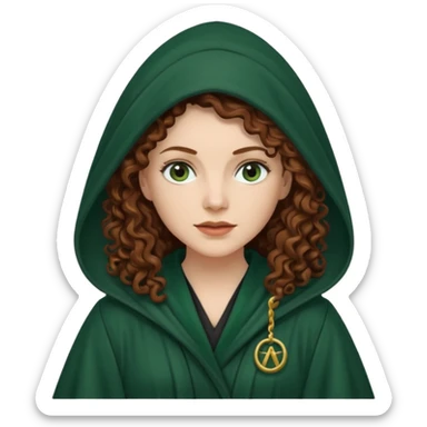 A white woman with long dark auburn hair robed and hooded like she's a Traitor in the tv show The Traitors. her hair is curly and the robe is a dark dark green sticker