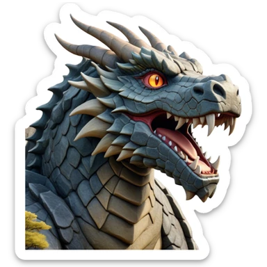 Cinematic Noble Giant Rock Dragon Portrait Emoji, Poised and awe-inspiring, with a massive, rugged form carved from ancient stone, featuring intricately textured scales that resemble weathered granite and basalt, and piercing, stony eyes echoing the strength of timeless mountains; rendered with lifelike detail and earthy natural highlights, high shine, formidable and grounded, styled with an aura of primordial majesty, focused and resolute, soft glowing outline, capturing the essence of an enduring rock titan ready to surge from the screen with ageless power! sticker