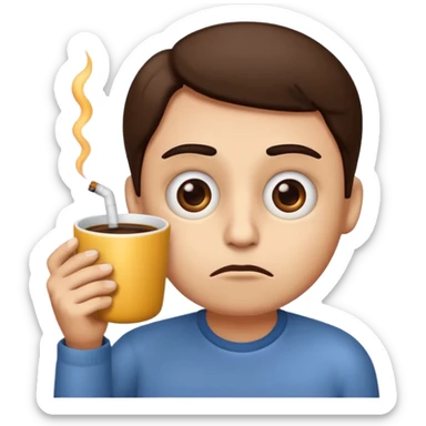 Create an emoji that is tired of life with big eye bags and annoyed. He needs to have a coffee and a used cigarette next to him or his hands  sticker