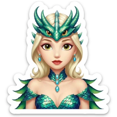 A gorgeous dragon woman with glittering jeweled scales covering her body and face. She has large almond shaped eyes, lush lips, and she wears a stunning luminescent gown. sticker