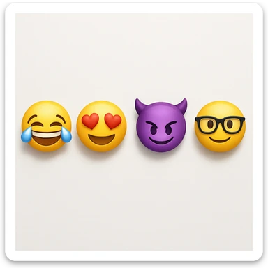 make four emojis on white background with good amount of shadow, four emojis of smiley's only. one laughing, second heart eyes, third purple devil and four black glasses emojis  sticker