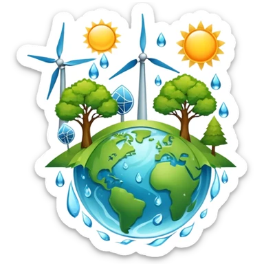 An icon featuring a green Earth, a tree, recycling symbols, and renewable energy sources like wind turbines, solar panels, and hydropower. The design includes animals, water droplets, and the sun, representing ecology, sustainable energy, and environmental protection. Transparent background. sticker