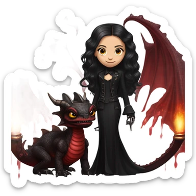 Lavish black evening gown with see-through gloves, Jenna Ortega as Addams girl Jedi wearing a steampunk mini tiara, very large blood red evil-looking horned old dragon sticker