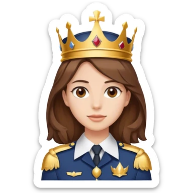 young woman with shoulder length brown hair wearing a captains uniform and a crown sticker