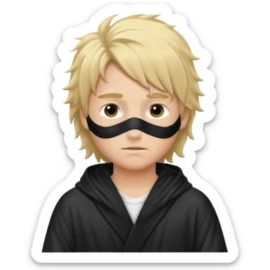 Create a blond boy with long, messy hair, light eyes, a white t-shirt, rich, with long hair, blue eyes, medium-length, voluminous hair, wearing a black Nike bathrobe and a little blush near his nose. and with a balaclava, type bandit balaclava sticker