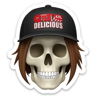 Create a skeleton head wearing a black baseball cap that says " C t r l A l t D e l i c i o u s " in Red, and white lettering, with brown hair sticker