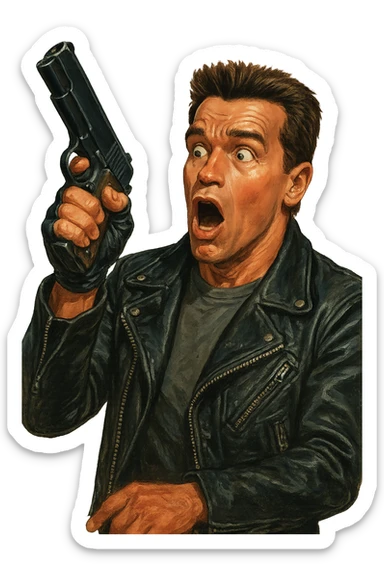 Arnold Schwarzenegger as the Terminator, surprised expression, holding a raised gun, realistic painted cartoon style sticker