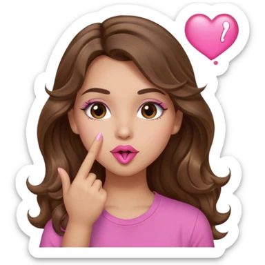 girl with long wavy brown hair, brown eyes, light to medium complexion, in a pink shirt, pink lips, long lashes, blowing a kiss sticker