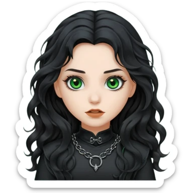 Crea una ragazza con stile black metal, capelli neri mossi lunghi e occhi verde scuro sticker