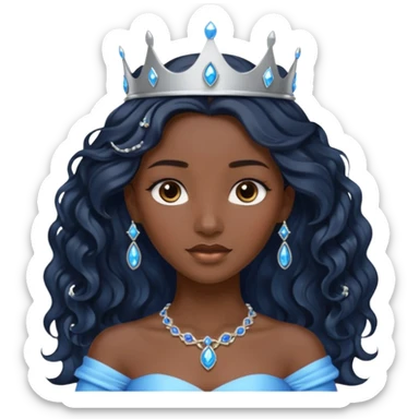 Por favor hazme el emoji de la princesa pero morena con el pelo negro y ondulado y largo, los ojos marrones y la corona plateada con jollas azules sticker