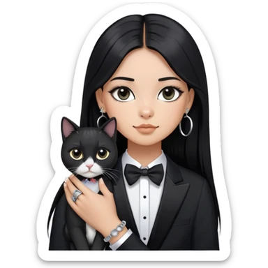 A girl with long straight black hair has upward-slanting eyeliner. She is wearing large silver hoop earrings, a black short-sleeved shirt, and a bracelet on her left hand. She is holding a  tuxedo cat with a black face  sticker