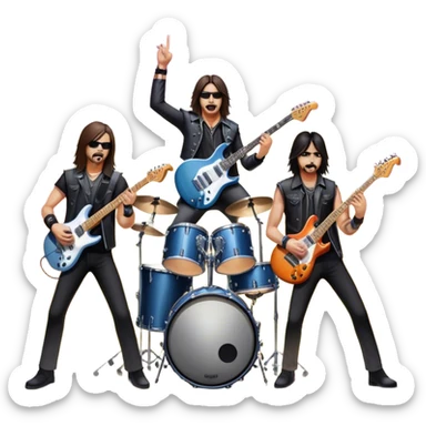 Icon for Heavy Metal Music: 4 men band on stage with electric guitars, drums and intense lighting. 3 guitarists and 1 drummer, surrounded by energy and stage effects, capturing the power and intensity of a metal concert. Transparent background. sticker