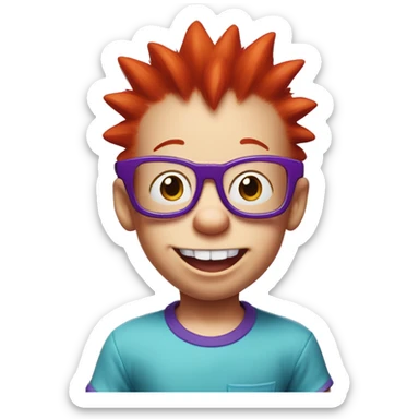 Rugrats, a red-haired baby with spiky hair and only 2 front teeth wearing purple square glasses and a blue shirt with red trim sticker