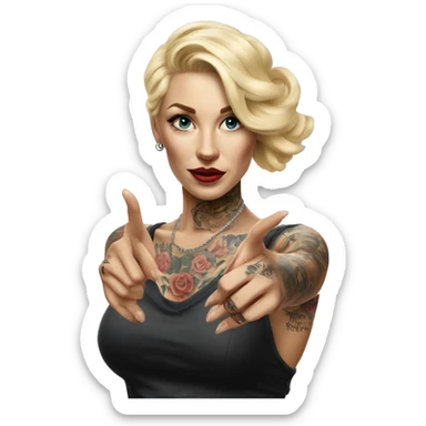 Blonde elegant women, her Body Covered with Tattoos, POINTING YOU with her HAND , Hyper realistic sticker