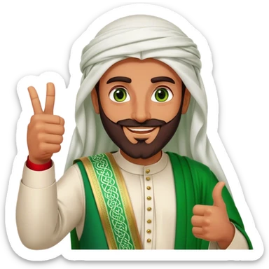 Tanned Arab Saudi man with green eyes and a beard, wearing traditional attire, red agal, smiling and giving a big thumbs-up sticker
