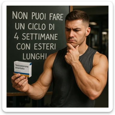 realistic young muscular bodybuilder in sportswear holding a box labeled 'Testosterone enantato', doubtful expression, standing in front of a blackboard with Italian text 'Non puoi fare un ciclo di 4 settimane con esteri lunghi', explanatory atmosphere, gym background, 4K quality sticker