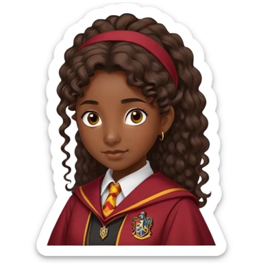 Alicia Spinnet in harry potter, wear hogwarts gryfindor uniform, long, dark, curly or wavy, ponytail hair, dark skin sticker