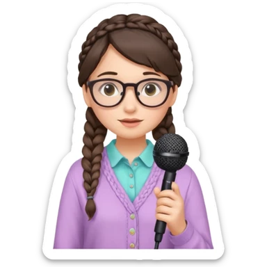 A shy braid brunette singer girl in pastel clothes with glasses, holding the mic with both hands. sticker