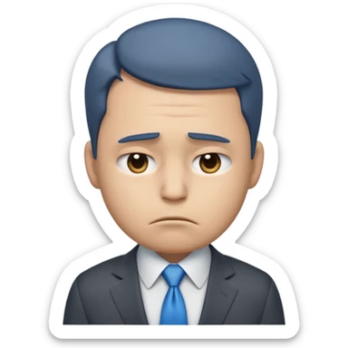 emoji character wearing a dark grey suit, white shirt, and blue tie. face has a very sad, disappointed expression with drooping eyebrows and half-closed eyes His posture is dejected, with slumped shoulders. he just rejected from his interview to get a job sticker