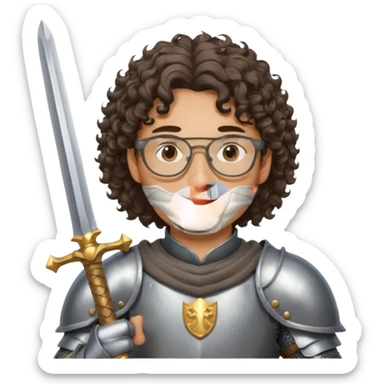 young handsome half-Asian man with wavy curly hair, glasses, dressed as a knight in shining armor, holding a sword, friendly expression sticker