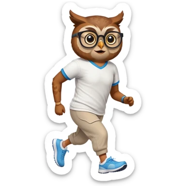 friendly anthropomorphised owl in pants and a shirt, wearing glasses, jogging upright, relaxed pose sticker