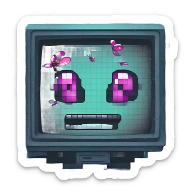 Cartoon emoji of a cracked computer screen with pixel-art bugs, a glowing wrench repairing cracks with reverse animation, error messages transforming into sarcastic text, teal and magenta glitch effects, 8-bit game aesthetic sticker
