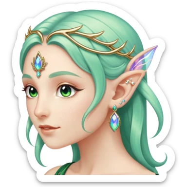 portrait of Elvish fae shiny sparkly iridescent translucent diaphanous ear climber ear cuff sticker