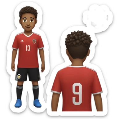 Young brown kid freestyling soccer ball on his head, spike haircut, red shirt, black trousers, soccer ball sticker