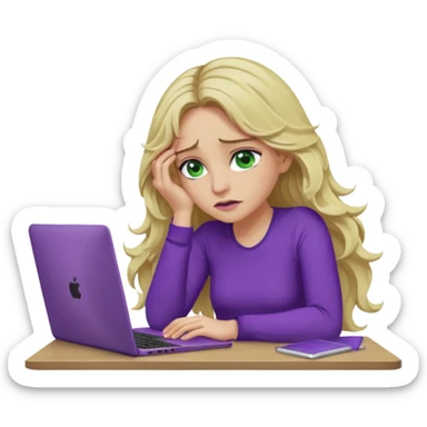 lady with long wavy blonde hair, purple top, green eyes, elbow on desk with hand on face, with a purple mac laptop tears rolling down her face as poorly sticker