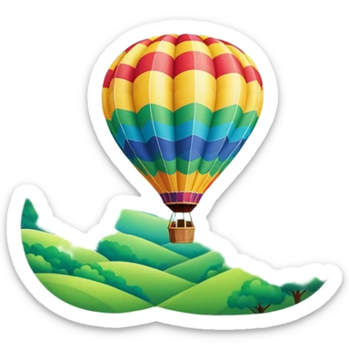 A colorful hot air balloon floating gracefully above the ground, with a clear sky and distant hills in the background. The balloon's vibrant colors stand out against the soft clouds, capturing the peaceful yet adventurous spirit of hot air ballooning. sticker