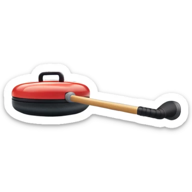 An icon featuring a curling stone in the foreground on an ice sheet with marked target circles. A curling broom rests nearby. In the background, a grand indoor stadium with bright lights and cheering fans. The ice reflects the vibrant colors of the surroundings. Transparent background. sticker