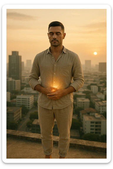 A cinematic portrait of a calm and composed man in his mid-30s, with light stubble and a defined jawline, standing alone on a rooftop at sunrise overlooking a quiet modern city. He’s wearing minimalist, earth-toned clothing — a linen shirt loosely buttoned, neutral joggers, barefoot. His hands rest gently over his abdomen in a meditative posture, eyes half-closed, reflecting clarity and focus. The early morning light bathes his face and body in soft gold, symbolizing renewal and healing. Around him, the city is still asleep, with only faint traces of life below. The air feels clean and silent. Subtle glow effects radiate gently from his chest and abdomen, suggesting internal regeneration. 35mm film style, shallow depth of field, realistic human textures and cinematic color grading with warm and natural tones. sticker