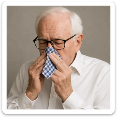 Make the handkerchief a little bit smaller while keeping the old man with white hair, white skin, black-framed glasses, wearing a white shirt, blowing his nose on the blue and white checkered handkerchief sticker