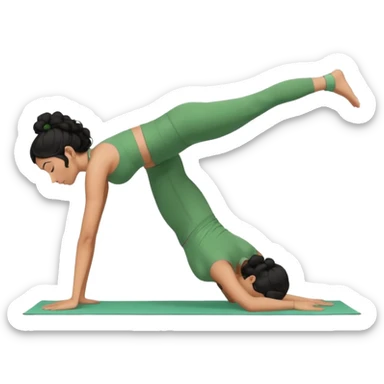 a woman with olive skin tone and curly black hair wearing green and doing a downward dog yoga pose sticker
