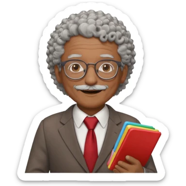 old man teacher, brown skin, curly grey white hai, wearing glasses, brown suit, red tie hold chalk on hand sticker