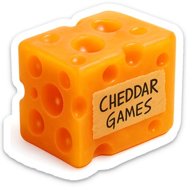 A hyper-realistic, highly detailed block of cheddar cheese with a clear, bright orange, transparent body, featuring holes like Swiss cheese. The cheese has a soft, flat, plastic texture reminiscent of a 90's toy, with soft reflections, a slightly squishy and cloudy appearance, and no shine. The block is glowing slightly, looks like a high-quality retro gummy, and is extremely appealing. There is a piece of tape on the side with 'Cheddar Games' written in sharp, messy handwriting. The overall look is hyper-realistic, retro, and visually stunning, transparent background. sticker