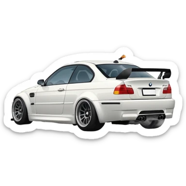 
A white BMW M3 E46 is shown drifting through a corner from a rear-view angle, with a slight wisp of smoke rising from the back and the wheels positioned at a certain angle relative to the turn. sticker