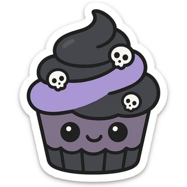 kawaii style gothic cupcake, cute face, black and purple icing, tiny skull decoration, cheerful and spooky sticker