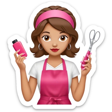 Woman with hair styled in headband, wearing red apron, holding pink nail polish in one hand and scissors in other hand, beauty salon worker sticker