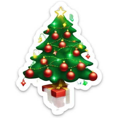 Decorated Christmas tree, red and green ornaments, glowing lights, festive look sticker