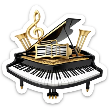 Create an elegant and festive emoji collage representing keyboard instruments, styled like a heraldic emblem. The design should feature a central focal point of black and white piano keys, arranged in a semi-circular or shield-like shape. Around the piano keys, add intertwining musical notes that form flowing ribbons, creating a dynamic and celebratory atmosphere. The design should be professional, with polished silver and gold accents on the keys and notes, highlighting the luxury and sophistication of the instruments. Add subtle shading and lighting effects to give the design a refined, 3D appearance. The background should remain transparent, and the overall feel should evoke grandeur, artistry, and a sense of celebration. sticker