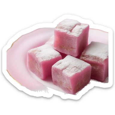 Turkish delight stacked cubes with chopped walnuts and covered with powdered sugar, on a pink porcelain plate sticker