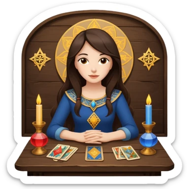Create a brunette girl with brown eyes sitting at a table with tarot cards. sticker