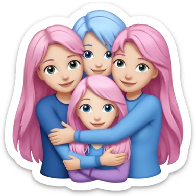 four white grips hugging and smiling    2 girls with brown eyes and long dark brown hair. One girl with long light pink hair and blue eyes, one girl with blue eyes and light blonde hair sticker