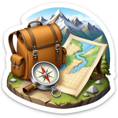 Icon for Expeditions: a compass, a map and a backpack with trekking gear, placed on a rugged mountain terrain with snow-capped peaks. The icon should evoke the spirit of adventure and discovery in remote, unexplored places. Transparent background. sticker