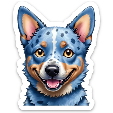 Cinematic Comical Blue Speckle Australian Cattle Dog Portrait Emoji, Head tilted dramatically with an exaggeratedly amused expression, featuring a striking blue speckle Fur with bold patterns, wide, expressive blue eyes filled with playful disbelief, Simplified yet hilariously expressive features, highly detailed, glowing with a slightly sassy glow, high shine, dramatic yet playful, stylized with an air of cheeky charm, bright and endearing, soft glowing outline, capturing the essence of a spirited and over-the-top herder, so meme-worthy it feels like it could side-eye its way into internet fame instantly! sticker