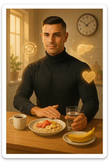 A realistic, cinematic illustration of a man in his early 30s with a fit, healthy appearance, standing in a bright kitchen in the morning. The kitchen table has a prepared but untouched healthy breakfast (oatmeal, fruit, coffee) on it, while the man, with a calm and focused expression, gently pushes the plate away with one hand while holding a glass of water in the other. A wall clock in the background shows 8:00 AM, indicating the morning fasting window, while sunlight streams in, illuminating the scene. Subtle glowing icons of a regenerating cell, a clean liver, and a heart float softly around him, symbolizing the health benefits of intermittent fasting. The atmosphere is clean, minimal, and motivating, showing that the man chooses intermittent fasting consciously for health, clarity, and energy rather than weight loss alone. The color palette is warm, with natural light and a slight film grain for depth sticker