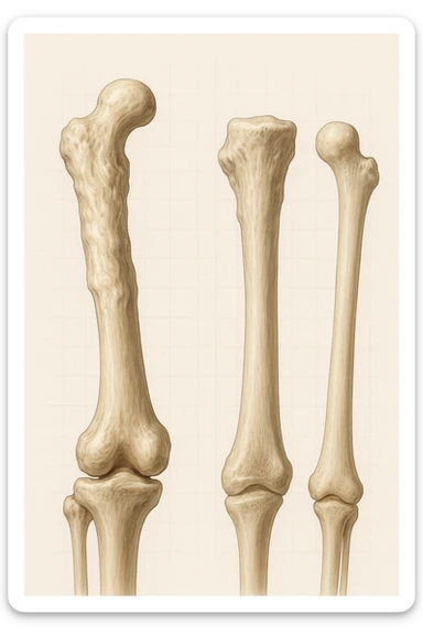 A highly realistic medical illustration focusing on a human arm and leg bones affected by melorheostosis. The bones appear visibly thickened, irregular, and larger than normal, with clear, layered bone growth resembling melted wax dripping down the side of the bones. The image shows a side-by-side comparison with a healthy bone for clarity, highlighting the difference in size and texture. The color palette includes neutral bone colors with subtle shading to show the abnormal contours and ridges. The background is clean and minimalistic, with faint anatomical grid lines for a scientific, educational feel. The overall mood is informative and precise, conveying the key visual characteristic of melorheostosis: progressive bone thickening that makes bones visibly larger and irregular. in italiano sticker