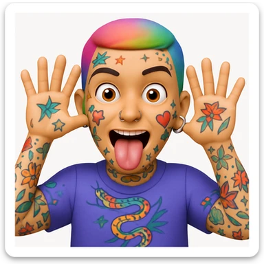 A 3D emoji in iOS emoji aesthetic style of a wild expressive person with colorful tattoos, multiple facial piercings, sticking out their tongue and making a funny face, glossy Apple-style design, clean white background, vibrant and bold look. sticker